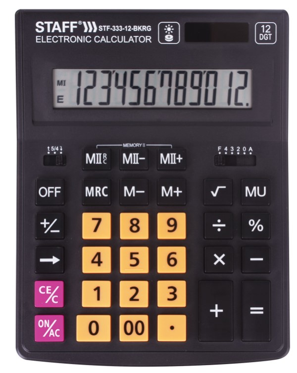Калькулятор настольный STAFF PLUS STF-333-BKRG (200x154 мм) 12 разрядов, ЧЕРНО-ОРАНЖЕВЫЙ, 250460