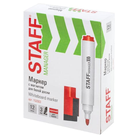Маркер стираемый для белой доски на магните, КРАСНЫЙ, STAFF 'Manager' WBM-002, 3 мм, 152003