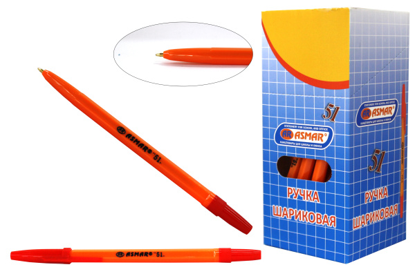 РУЧКА 'ШАРИКОВАЯ КРАСНАЯ, ОРАНЖЕВЫЙ КОРПУС, AR-51;КРАСНАЯ