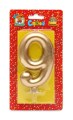 Свеча для торта 'Цифра 9. Золотой металлик' Миленд, картон. уп., европодвес, С-1871