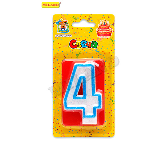 Свеча для торта, цифра 4, с синей окантовкой и блёстками, С-1102