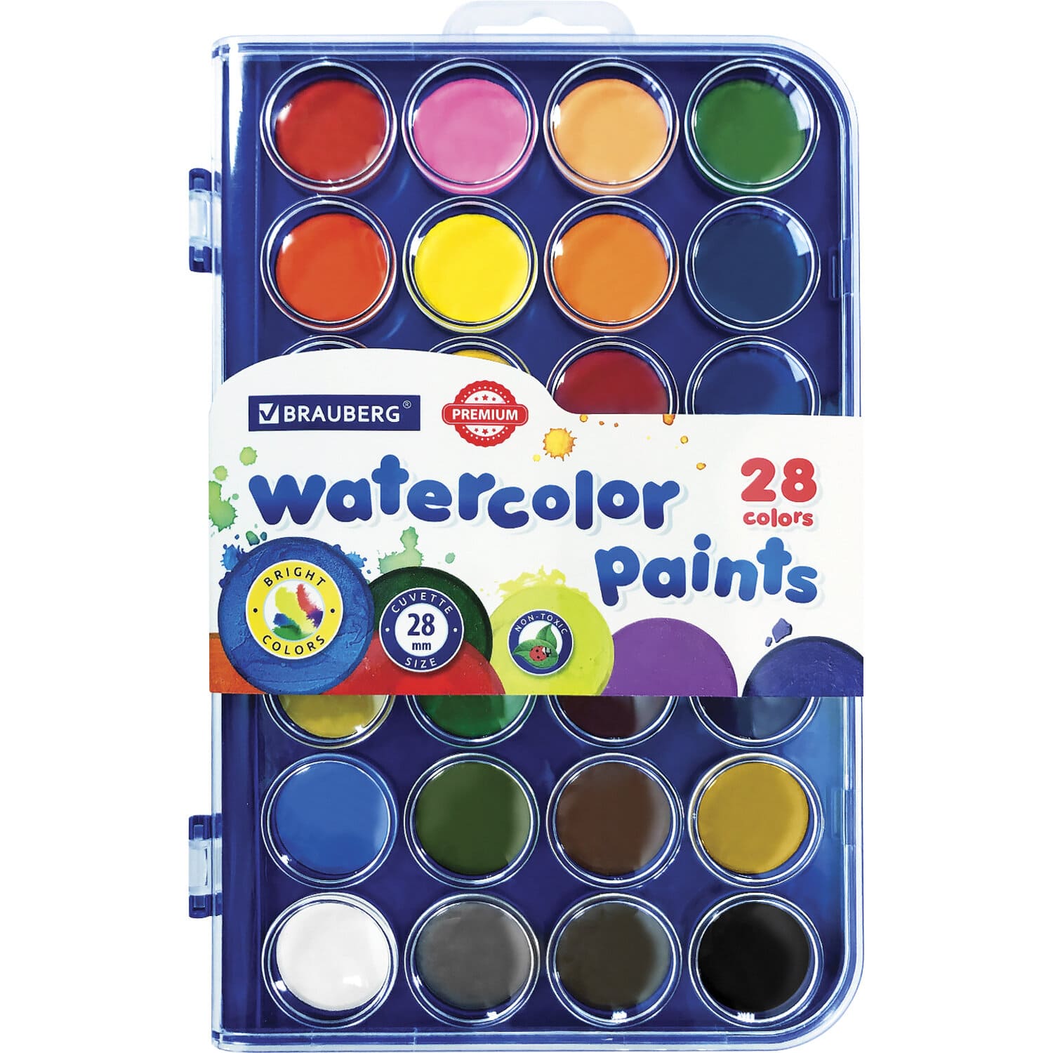 Краски акварельные 28 цв.BRAUBERG 'PREMIUM' круглые кюветы 28 мм , пенал, 191745