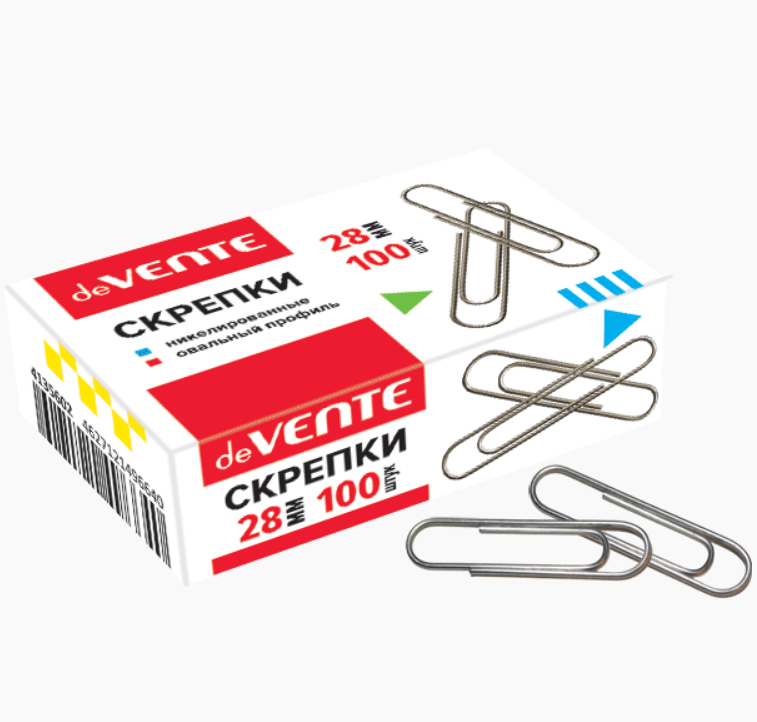 Скрепки металлические "deVENTE" овальные никелированные 28 мм, 100 шт в картонной коробке, 4135602