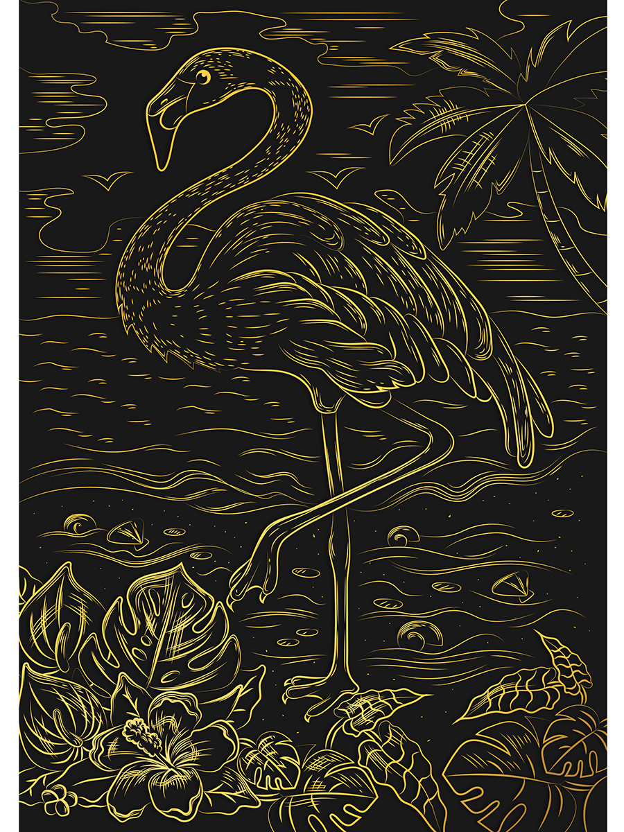 Гравюра А4 металлический эффект золото, 'Чудесный фламинго', пакет с руч., Г-8533