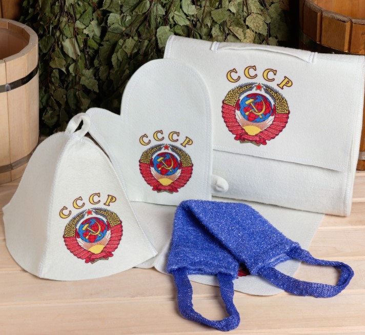 Набор для бани и сауны 5 в 1 (сумка,шапка,варежка,коврик,мочалка), с принтом 'СССР', белый, 5433223