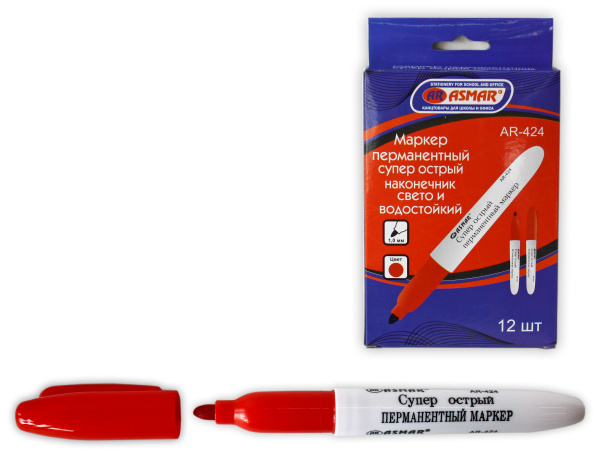 МАРКЕР 'ASMAR' ПЕРМАНЕНТНЫЙ СУПЕР ОСТРЫЙ НАКОНЕЧНИК, ВОДОСТОЙКИЙ, AR-424;КРАСНЫЙ