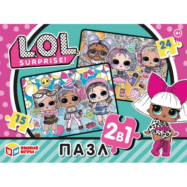 L.O.L. Пазлы в коробке, набор 2 в 1- 15 и 24 детали. (190х140х35 мм), 381251