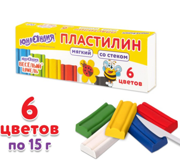 Пластилин 6 цветов 'ЮНЛАНДИЯ', Весёлый шмель, мягкий, со стеком, 90 г, 106671