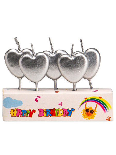 Свечи для торта на пиках, Серебряные сердечки, (5 шт;уп), С-2539