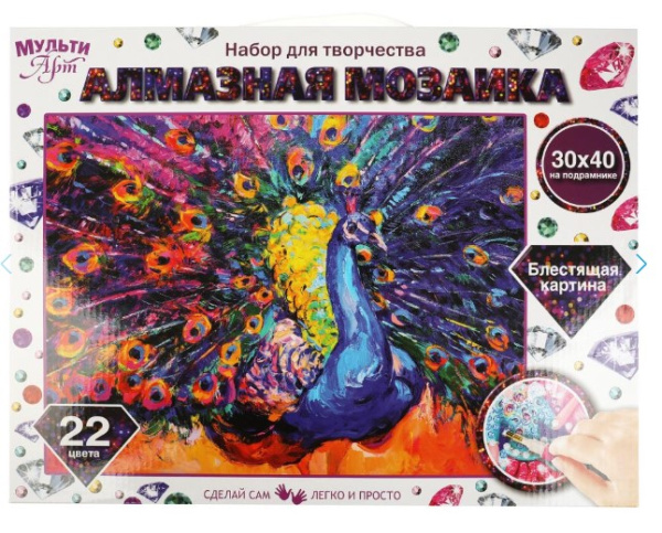Алмазная мозаика 30х40 см, с полным заполнением на подрамнике, Павлин, МУЛЬТИ АРТ, 357311