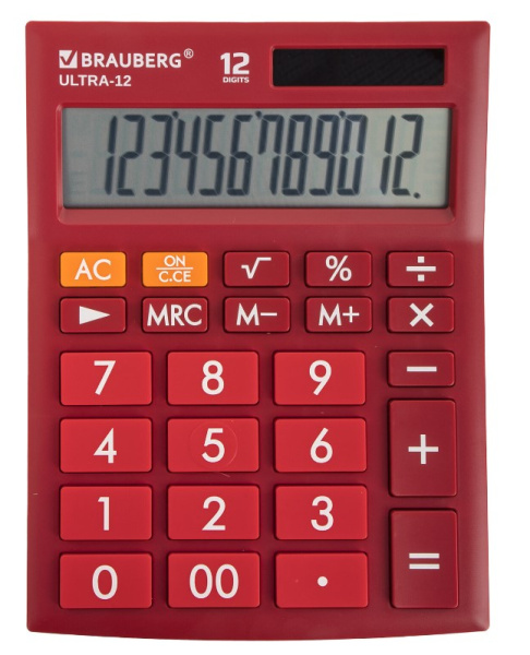 Калькулятор настольный BRAUBERG ULTRA-12-WR (192x143 мм), 12 разрядов, бордовый, 250494